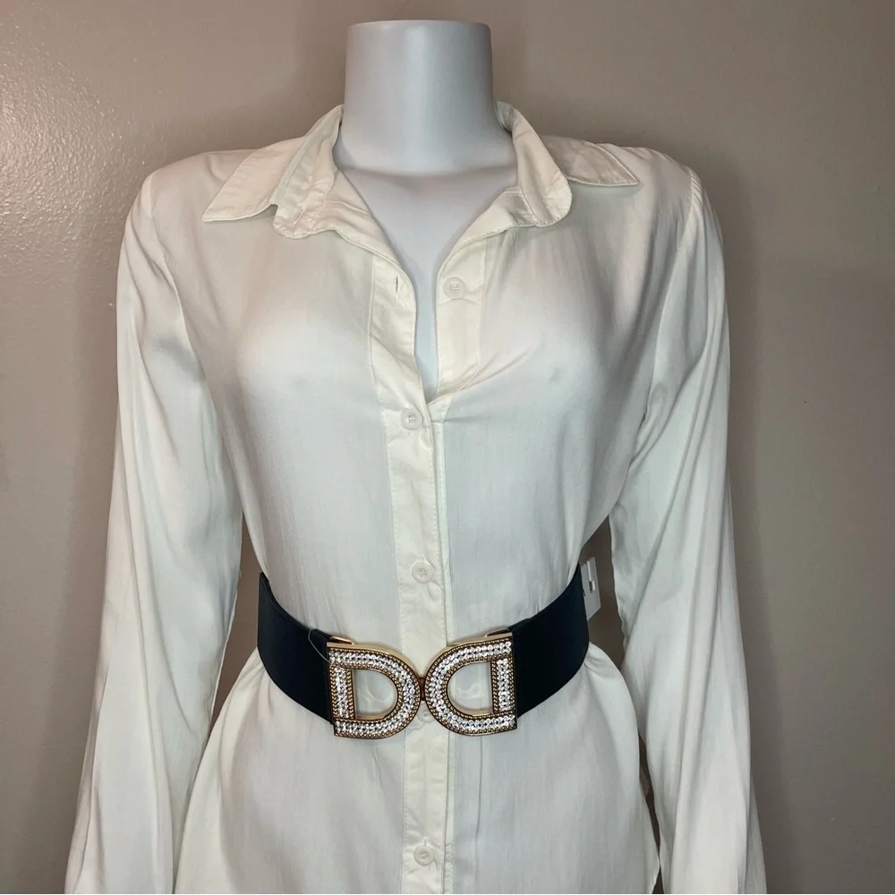 Black PU leather gold tone buckle with rhinestone details elastic waistband belt - Picture 3 of 9